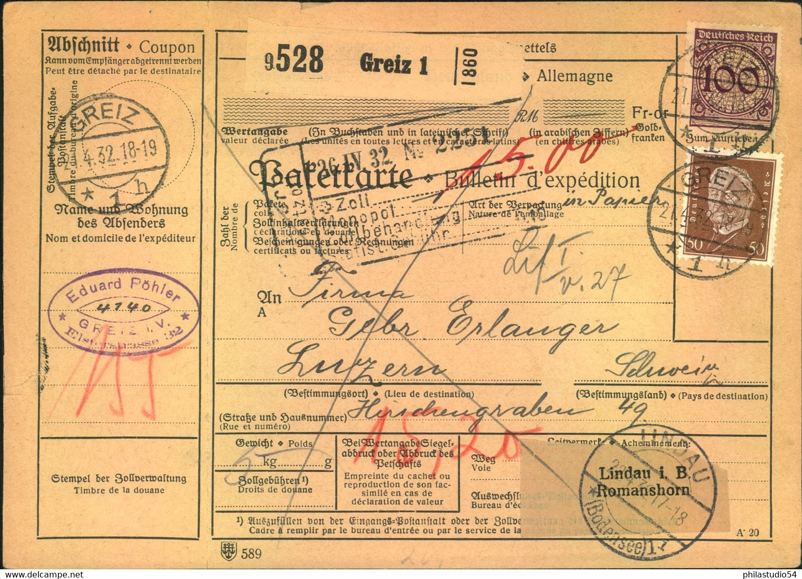1932, PaketKarte Ab GREIZ - Autres & Non Classés