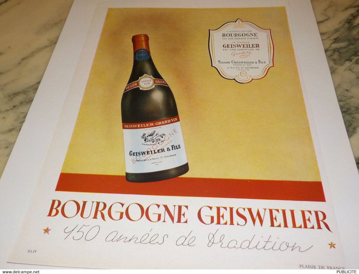 ANCIENNE PUBLICITE VIN  BOURGOGNE GEISWEILER 1950 - Alcools