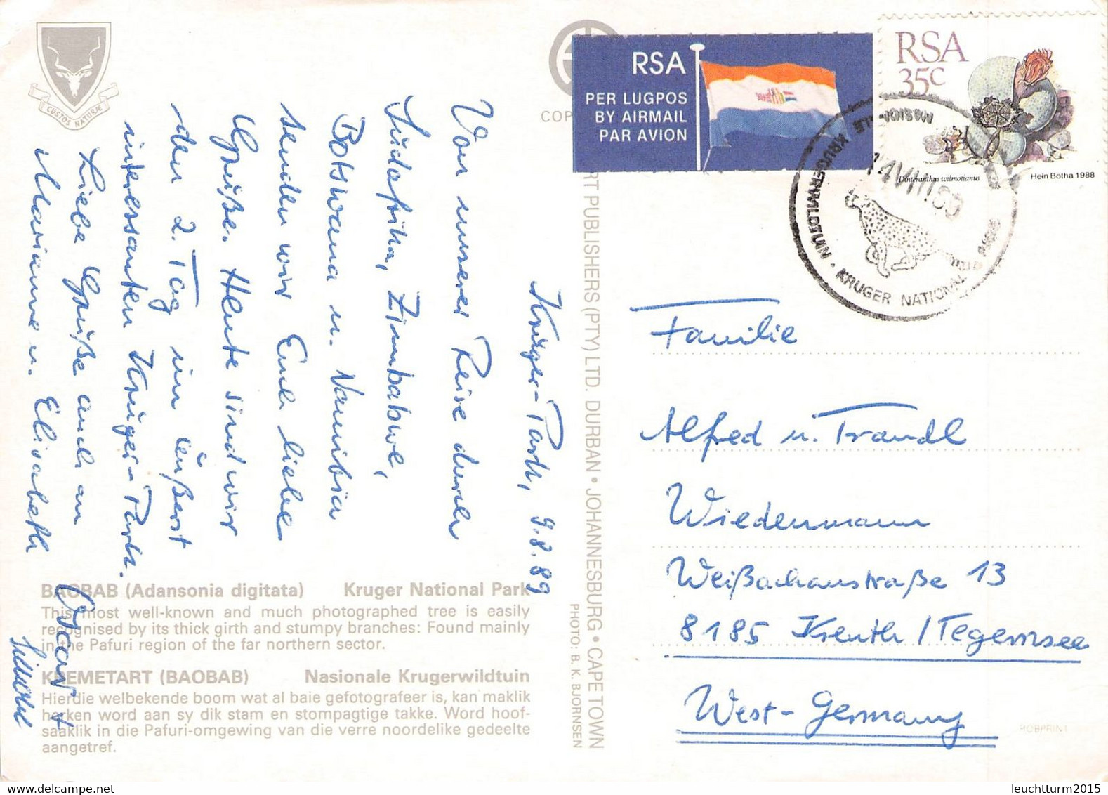 SOUTH AFRICA - PICTURE POSTCARD 1989 > KREUTH/DE / ZO315 - Lettres & Documents