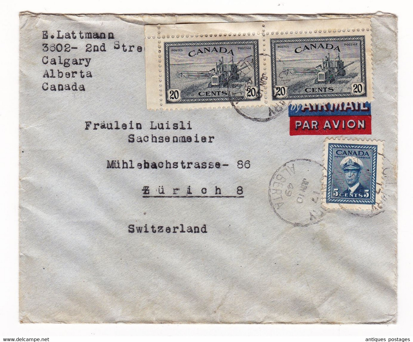 Lettre 1849 Alberta Calgary Canada Zurich Switzerland Suisse Lattmann Luisli Sachsenmeier - Storia Postale