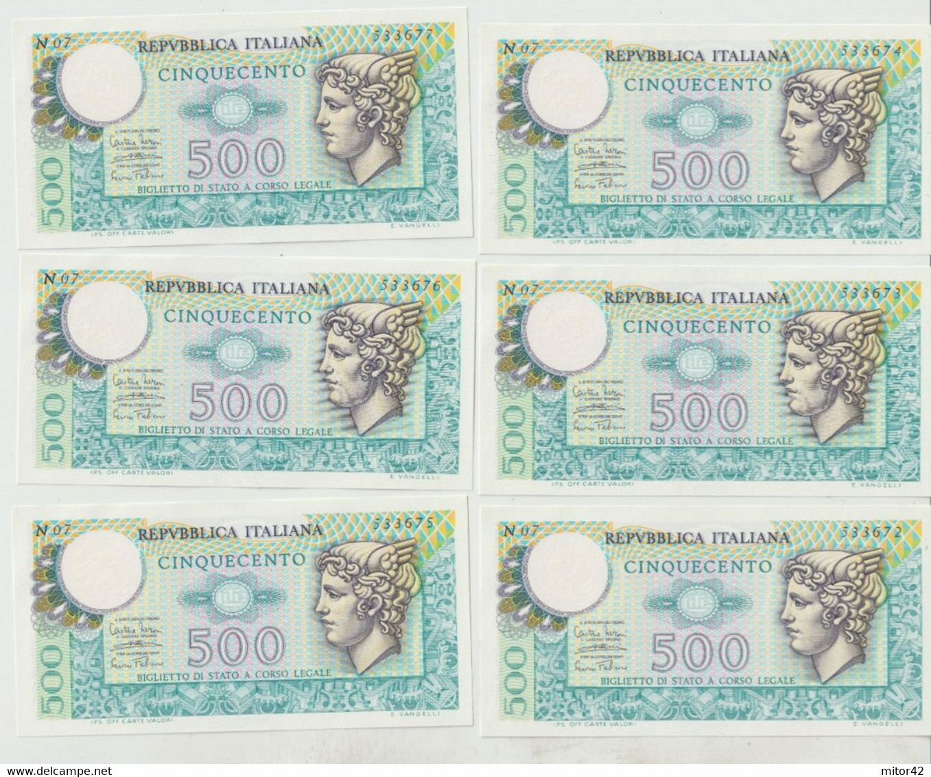76-Banconota Italia Repubblica L.500 Mercurio F.D.S. -6 Esemplari - Autres & Non Classés