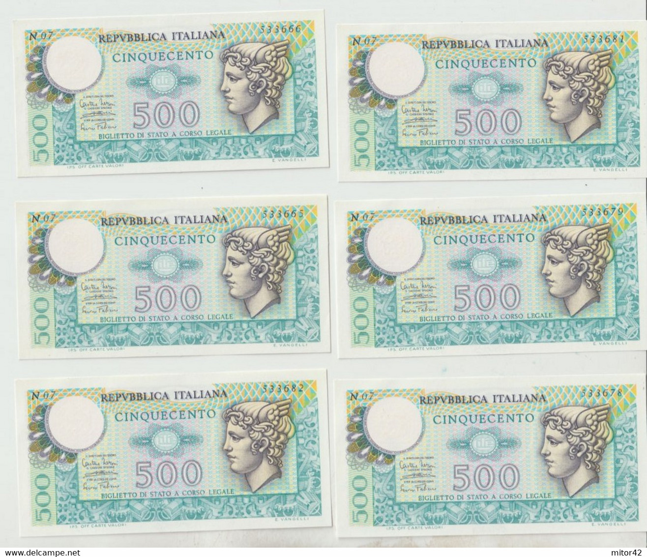 77-Banconota Italia Repubblica L.500 Mercurio F.D.S. -6 Esemplari - Autres & Non Classés