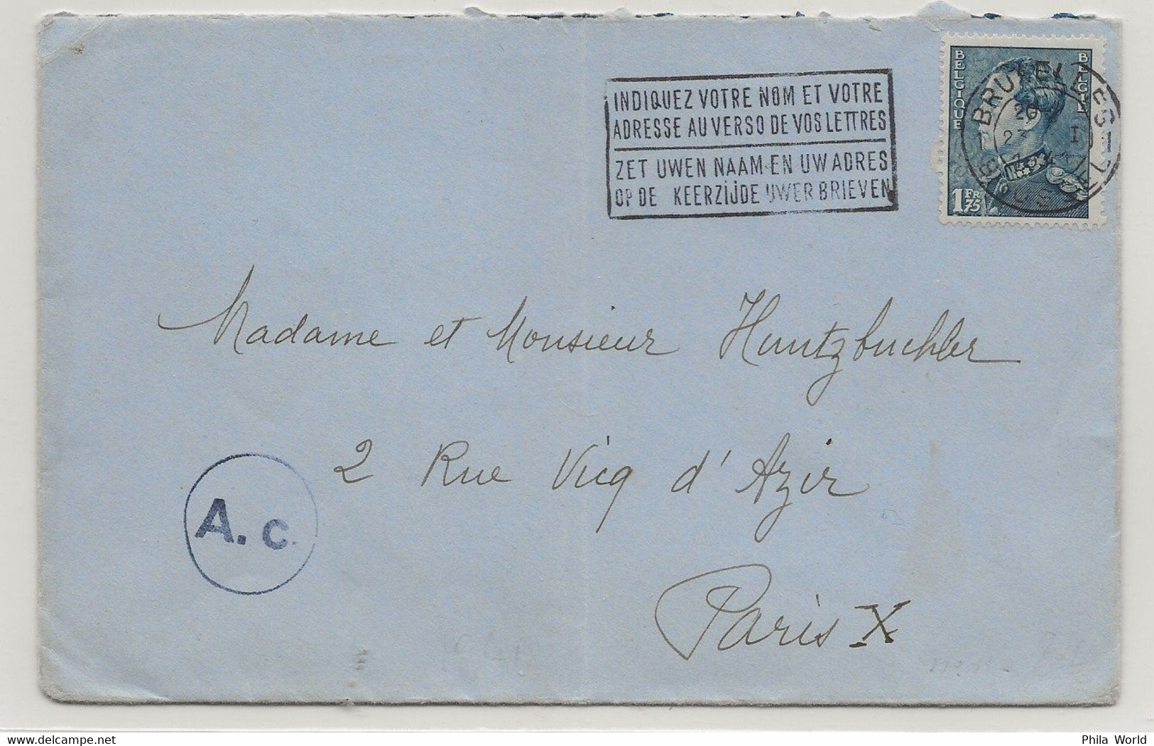 WW2 1941 BELGIQUE BELGIUM Bruxelles Brussels Lettre Censure Allemande Cachet A.c. = COLOGNE Pour PARIS France - WW2 (II Guerra Mundial)