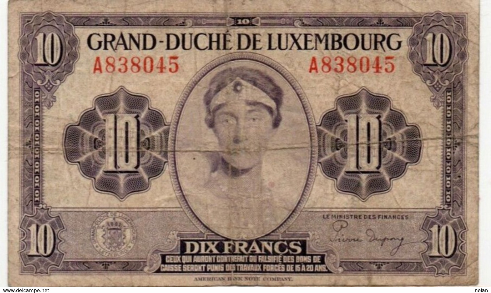 Grand-Duché De Luxembourg 10 Francs 1944 P-44a2 - Lussemburgo