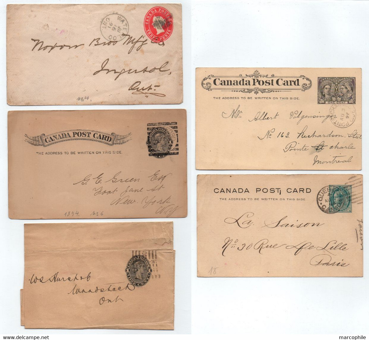 CANADA - QV /1891-98 - 5 ENTIERS POSTAUX VOYAGES (ref 8610) - Cartas & Documentos
