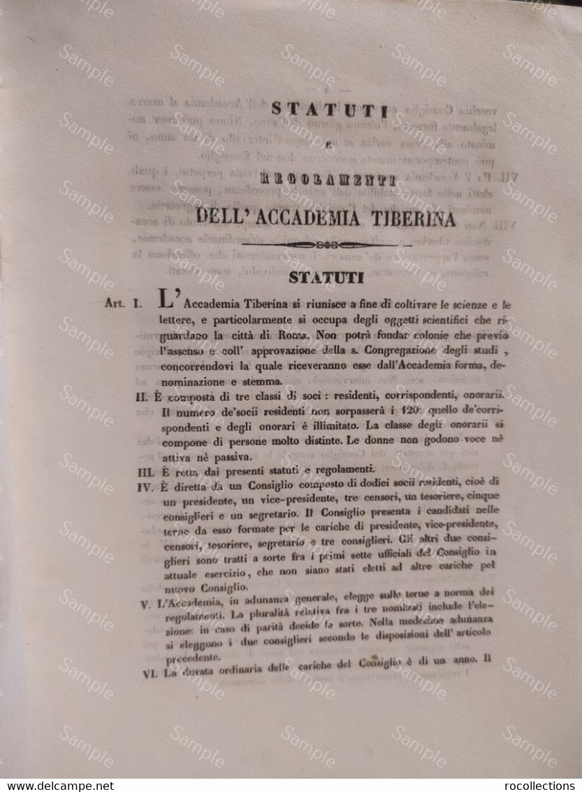 STATUTI E REGOLAMENTI DELL'ACCADEMIA TIBERINA. Roma - Belle Arti 1848 - Altri & Non Classificati