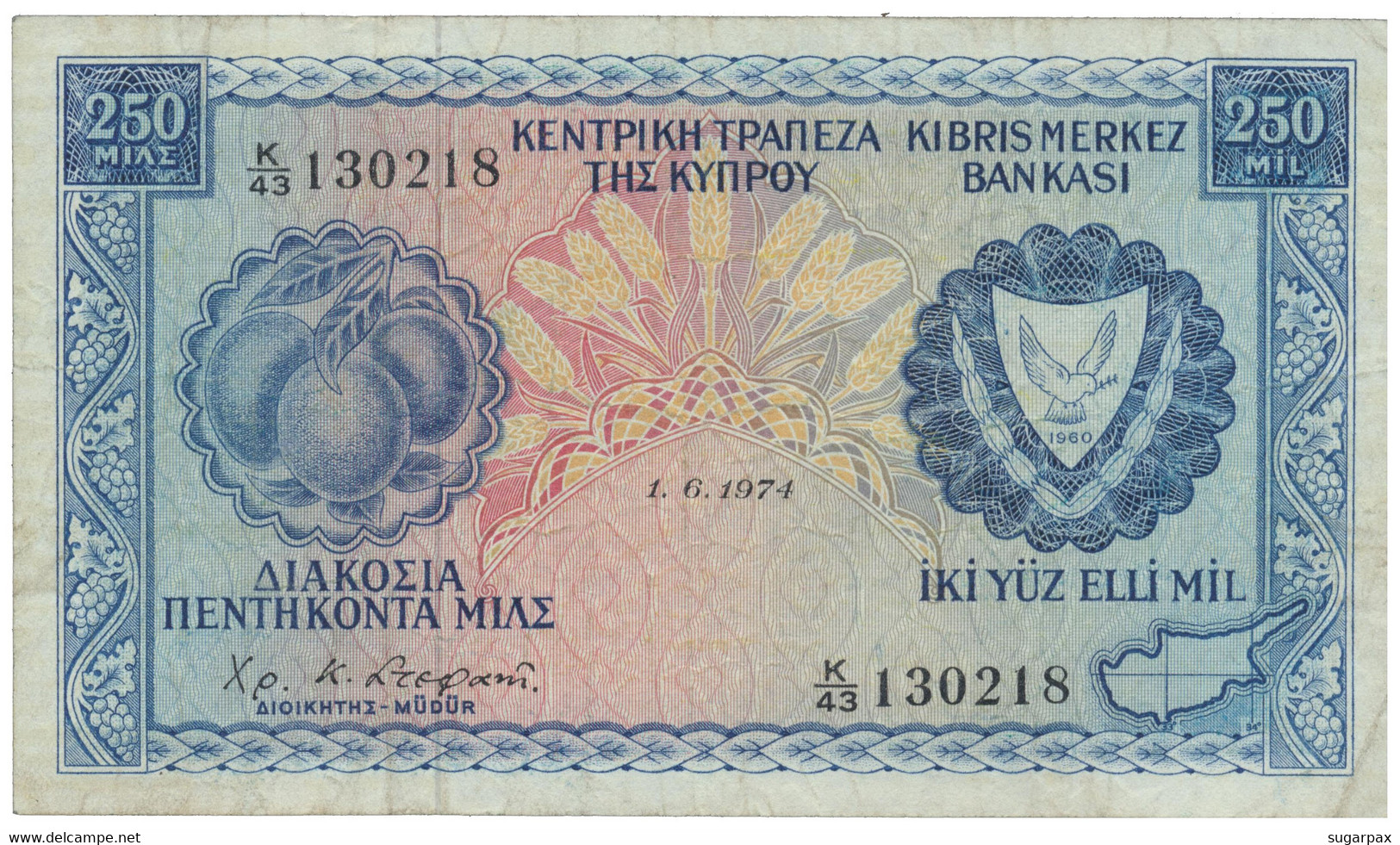 Cyprus - 250 Mils - 1.6.1974 - Pick 41.b - Serie K/43 - Cyprus