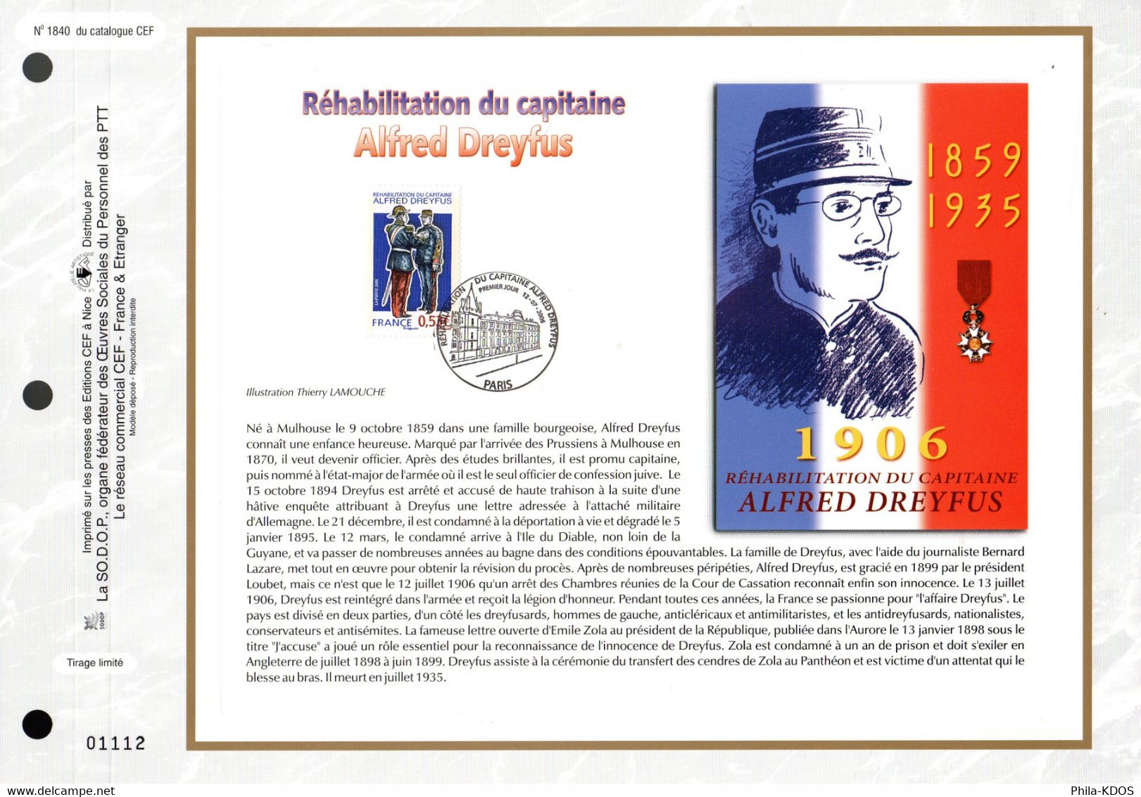 " REHABILITATION DU CAPITAINE DREYFUS " Sur Feuillet CEF 1° Jour De 2006 N°YT 3938 Parfait état. FDC - Militares