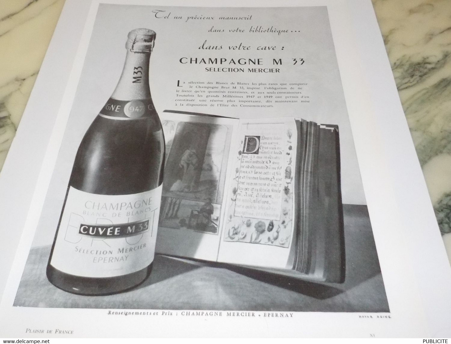 ANCIENNE PUBLICITE M 33 CHAMPAGNE SELECTION MERCIER 1954 - Alcools