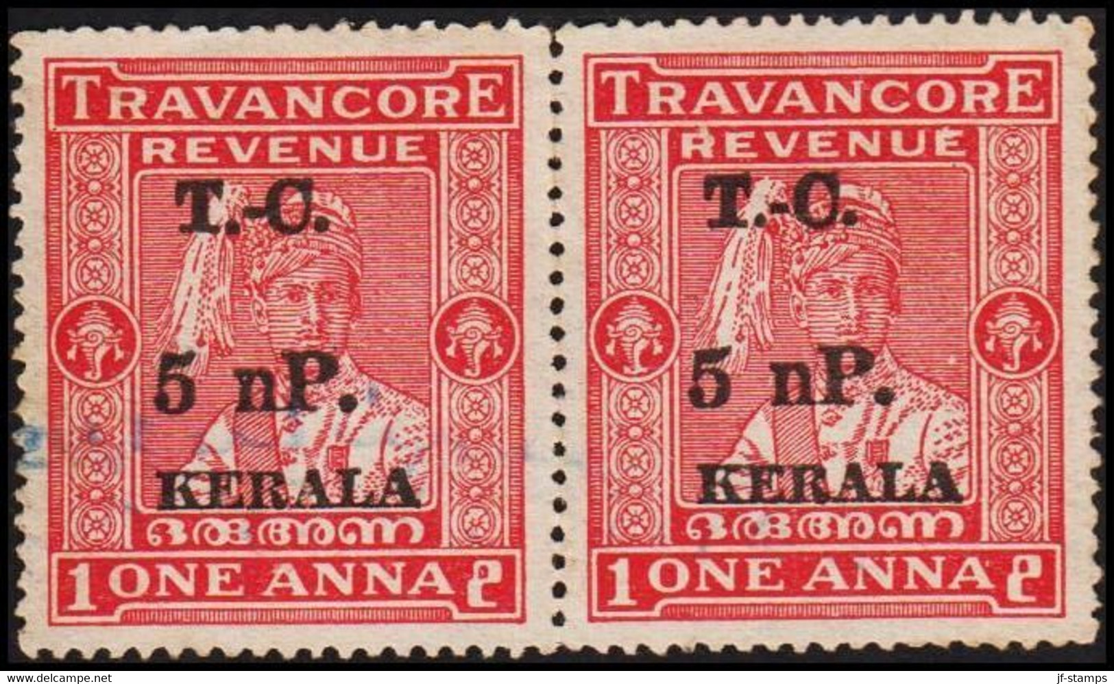 1950. TRAVANCORE. ONE ANNA REVENUE Overprinted T-C. 5 NP KERALA In Pair.  - JF523641 - Chamba