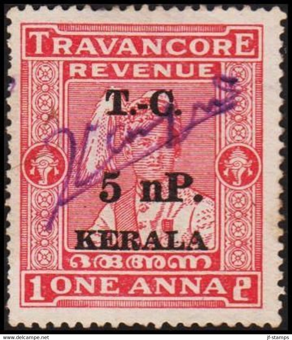 1950. TRAVANCORE. ONE ANNA REVENUE Overprinted T-C. 5 NP KERALA.  - JF523642 - Chamba