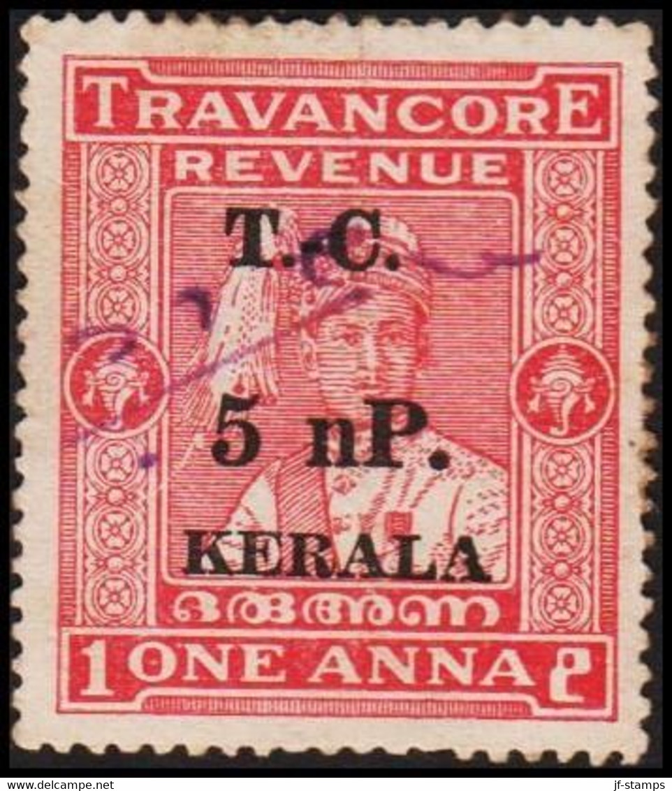 1950. TRAVANCORE. ONE ANNA REVENUE Overprinted T-C. 5 NP KERALA.  - JF523643 - Chamba