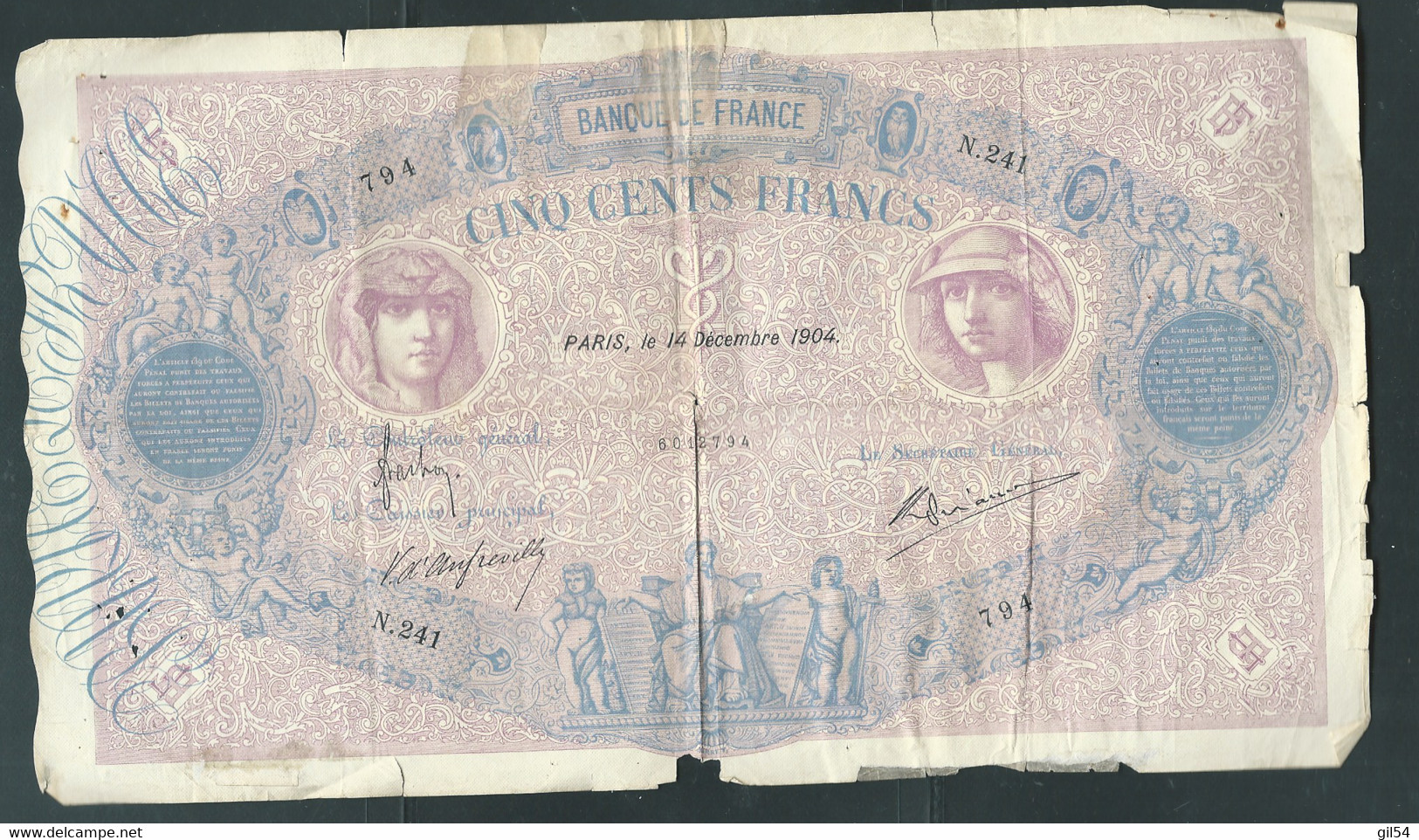 France - Billet 500 Francs , Bleu Et Rose ( 1888/1940) Date 14 Decembre 1904 - - 794   N.241  -- Laura Classeur 78 - 500 F 1888-1940 ''Bleu Et Rose''
