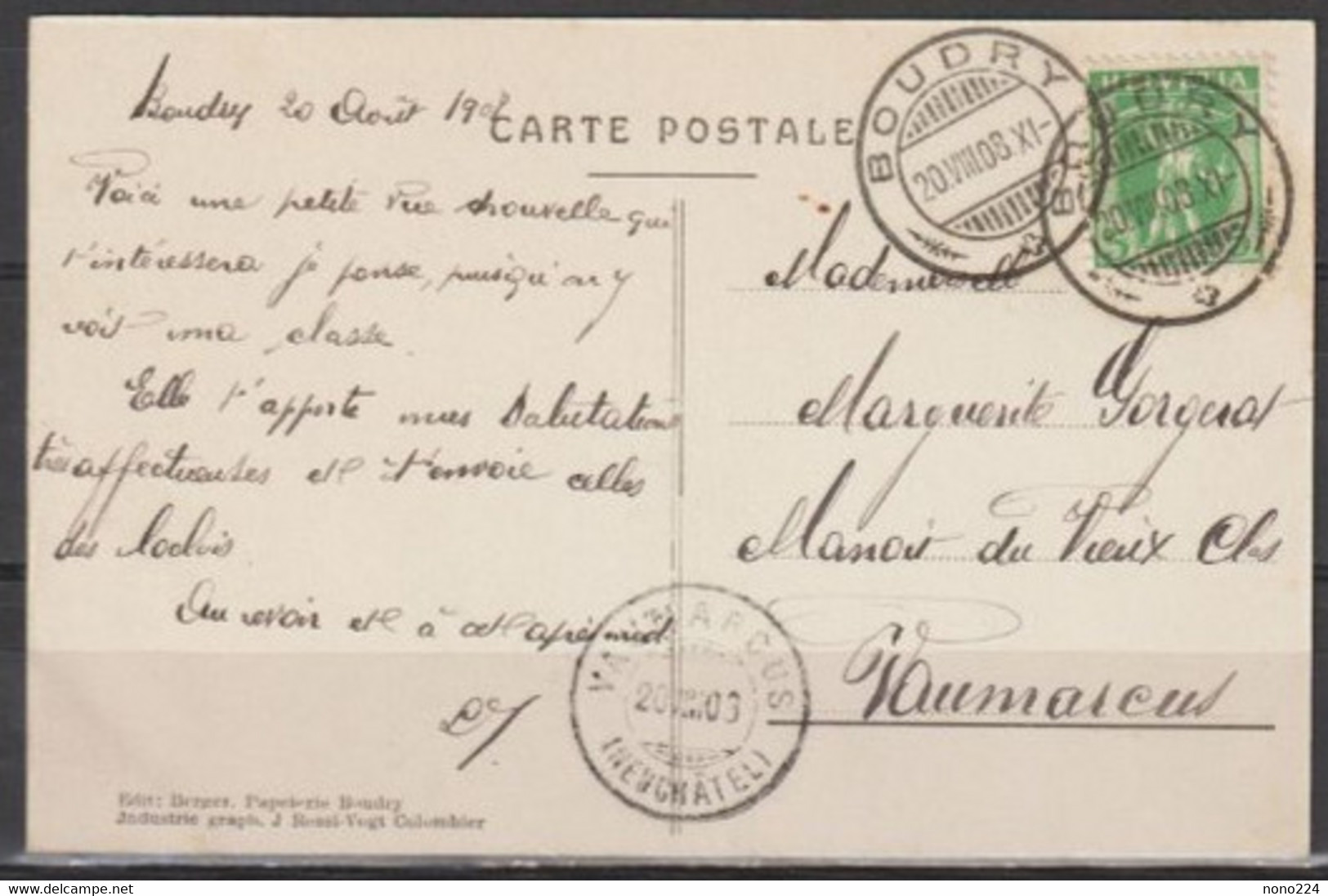 Carte P De 1908 ( Boudry / Le Collège ) - Boudry