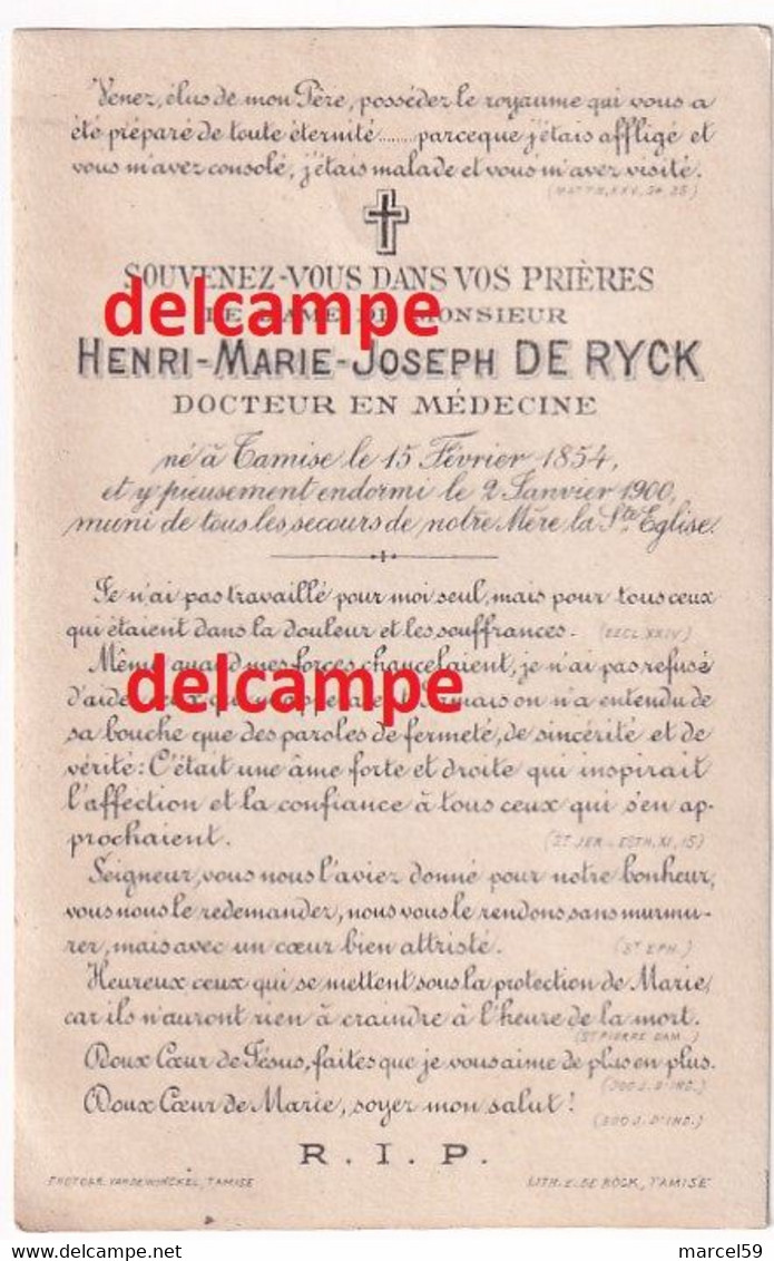 Mortuaire Deces Henri De Ryck Tamise 1854 Docteur En Medecine Décéde 1900 - Devotion Images