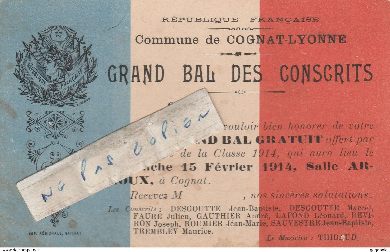03 - COGNAT-LYONNE - Grand  Bal Des Conscrits Du 15 Février 1914 ( 12 Cm X 7,8 Cm )  Rare - Programme