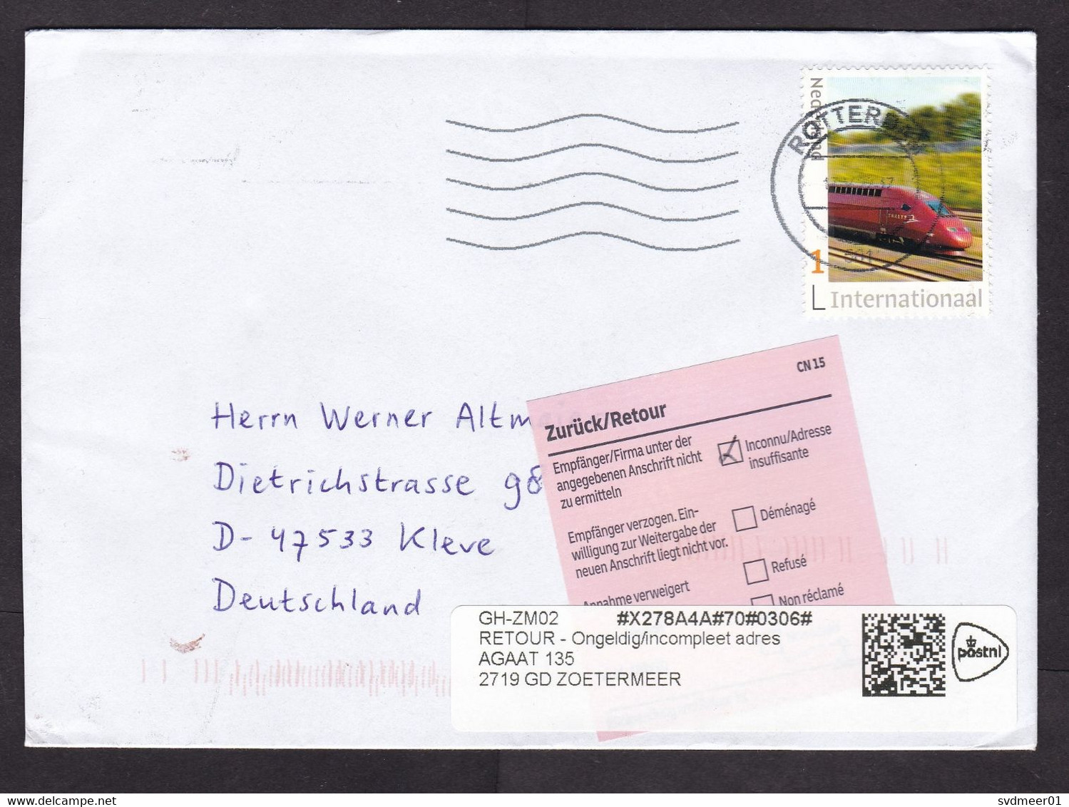 Netherlands: Cover To Germany, 2022, 1 Stamp, High Speed Thalys Train, Returned, 2x Retour Label (traces Of Use) - Cartas & Documentos