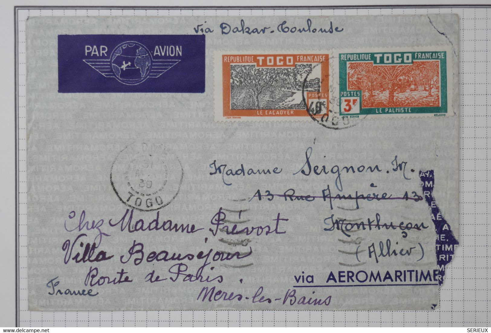 BA10 TOGO  LETTRE  1939 PAR AVION DAKAR TOULOUSE   REDISTRIBUEE MERIS FRANCE ++AFFRANC.  INTERESSANT - Lettres & Documents