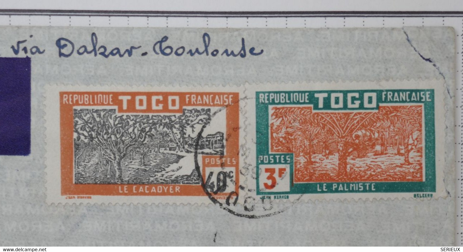 BA10 TOGO  LETTRE  1939 PAR AVION DAKAR TOULOUSE   REDISTRIBUEE MERIS FRANCE ++AFFRANC.  INTERESSANT - Briefe U. Dokumente