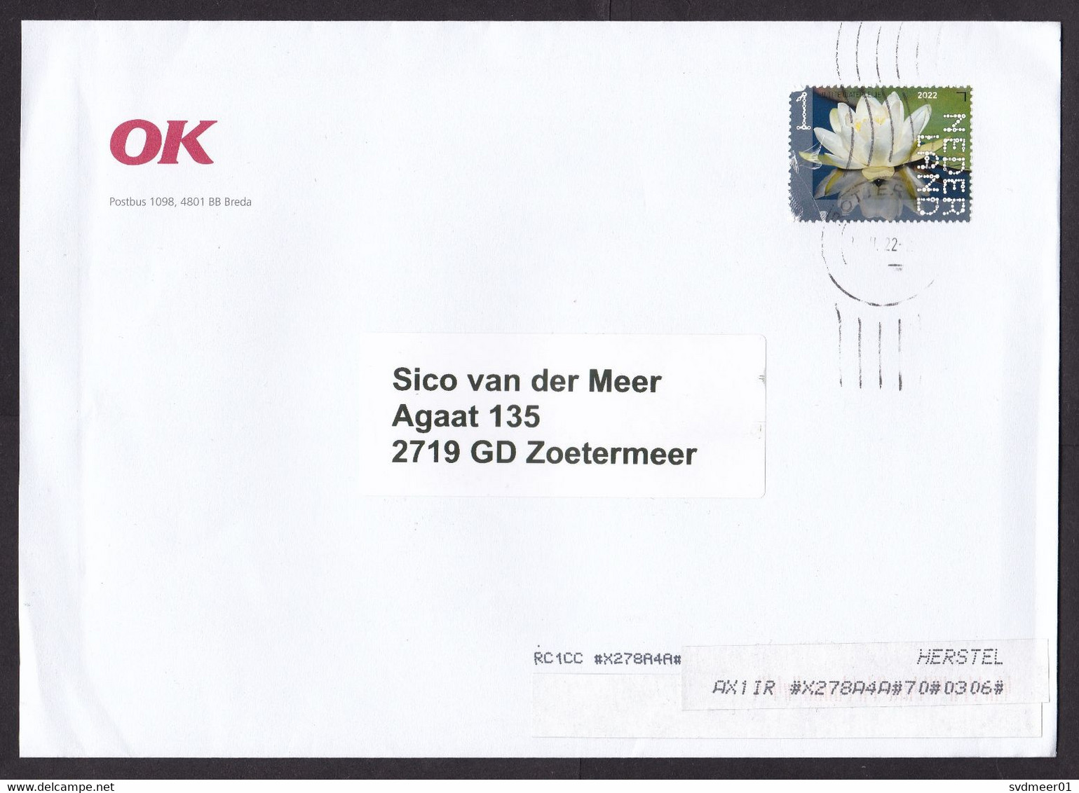Netherlands: Cover, 2022, 1 Stamp, Water Lily Flower, Sent By OK Oil Company (traces Of Use) - Storia Postale
