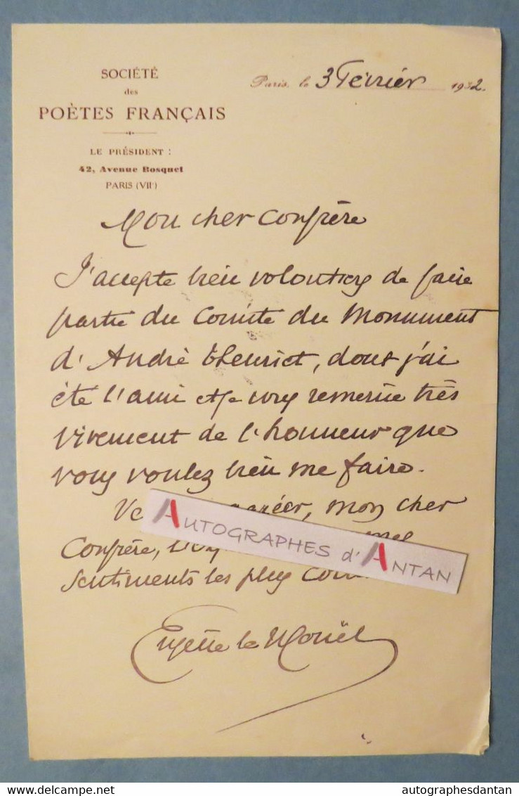 ● L.A.S 1932 Eugène LE MOUEL Poète Né Villedieu-les-Poêles (Manche) Comité André Theuriet - Chanlaine Lettre Autographe - Schriftsteller