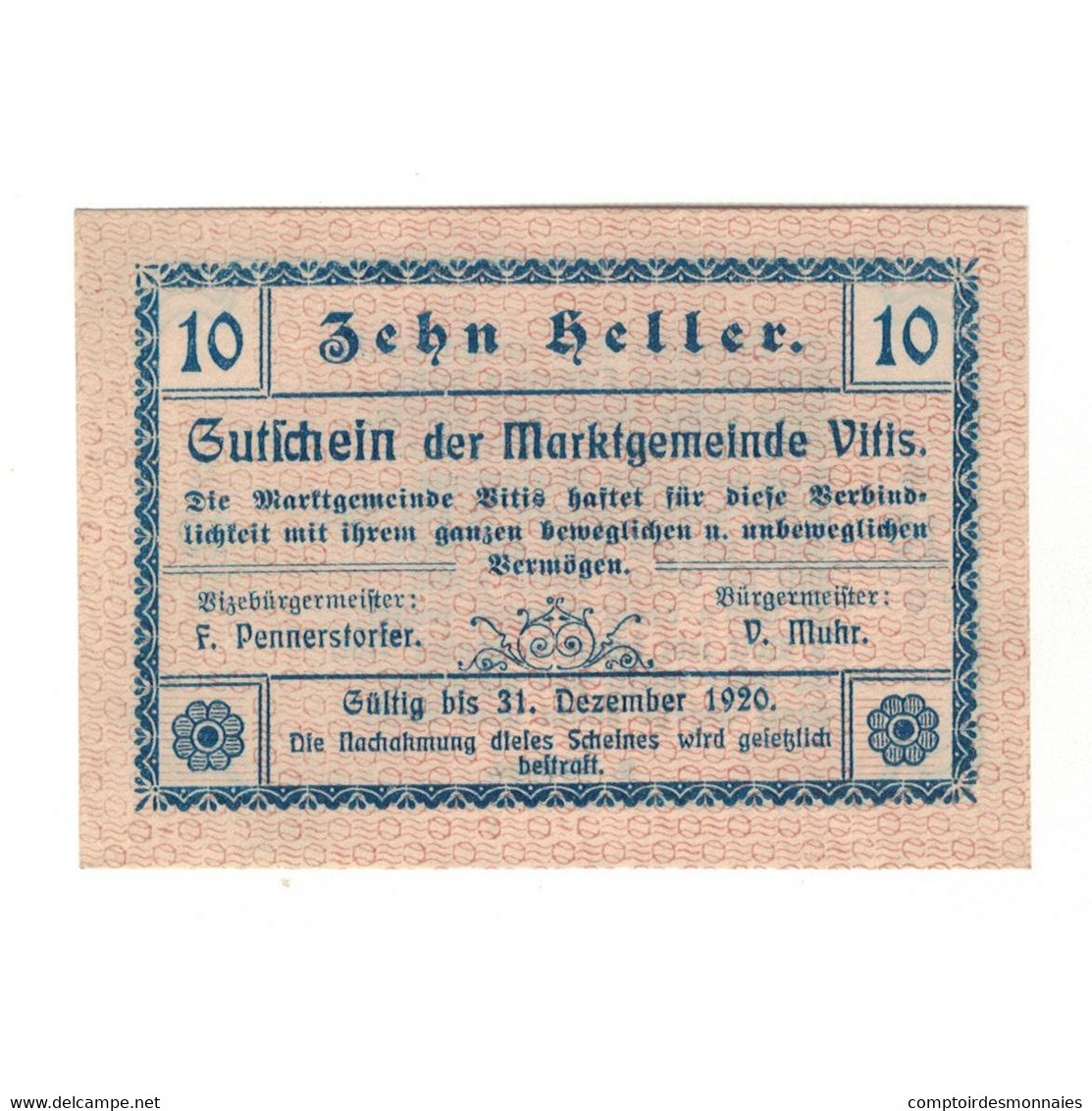 Billet, Autriche, 10 Heller, Texte, 1920, 1920-12-31, SUP, Mehl:FS 1115II - Autriche