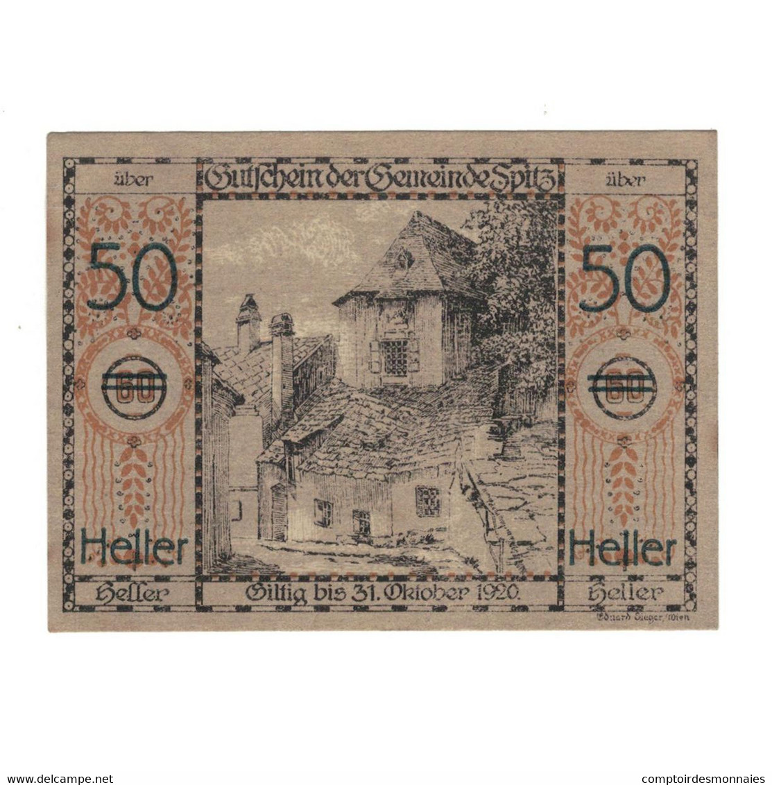 Billet, Autriche, Wachauer Notgeld - Spitz - Kirche N.Ö. Gemeinde, 50 Heller - Autriche