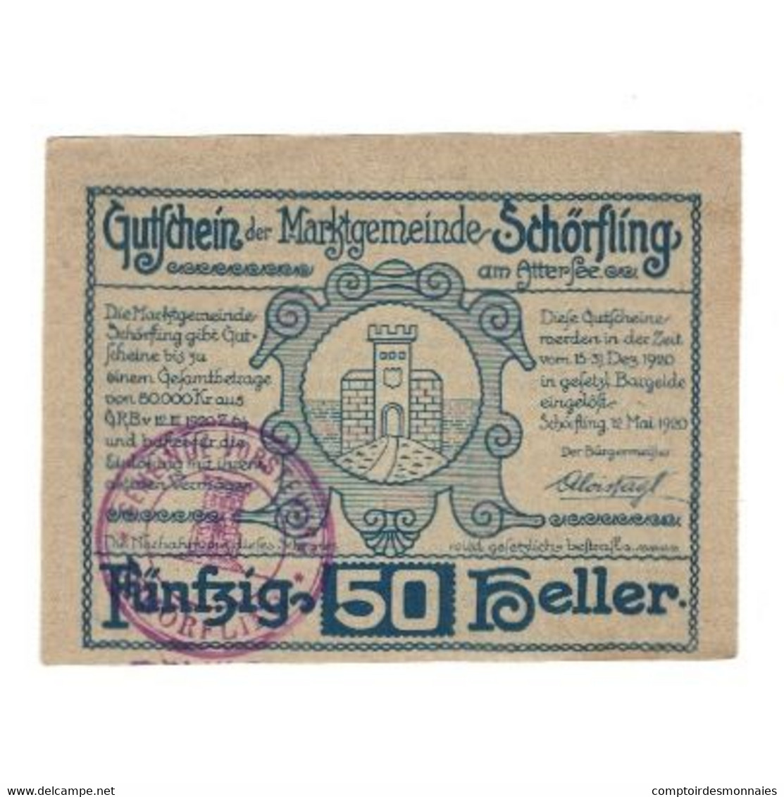 Billet, Autriche, Schörfling Am Attersee O.Ö. Marktgemeinde, 50 Heller - Autriche