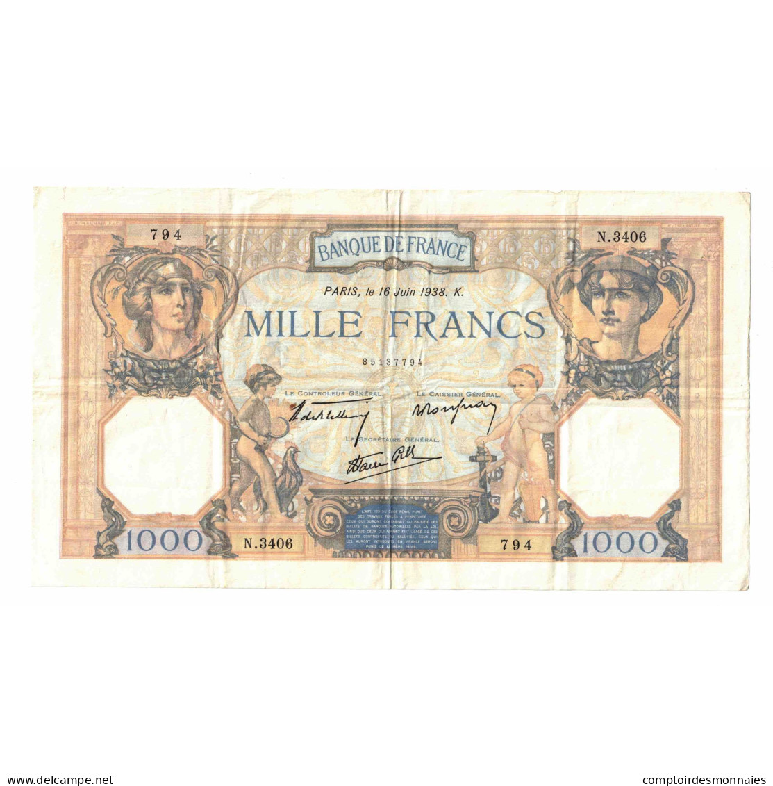 France, 1000 Francs, Cérès Et Mercure, 1938, N.3406, SUP, Fayette:38.19 - 1 000 F 1927-1940 ''Cérès Et Mercure''