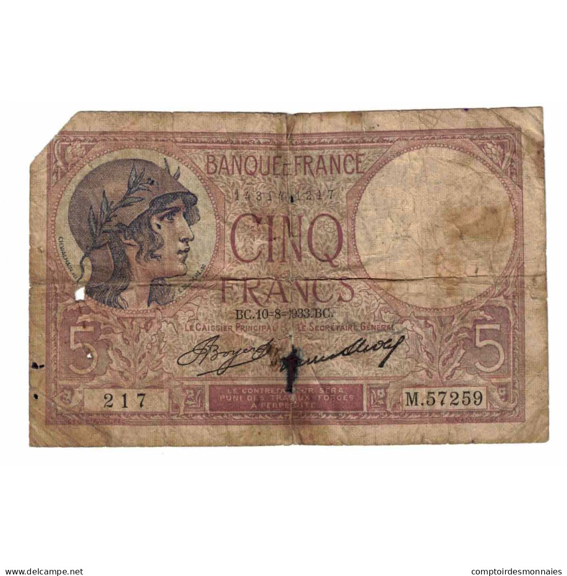 France, 5 Francs, Violet, 1933, M.57259, AB, Fayette:3.17, KM:72e - 5 F 1917-1940 ''Violet''