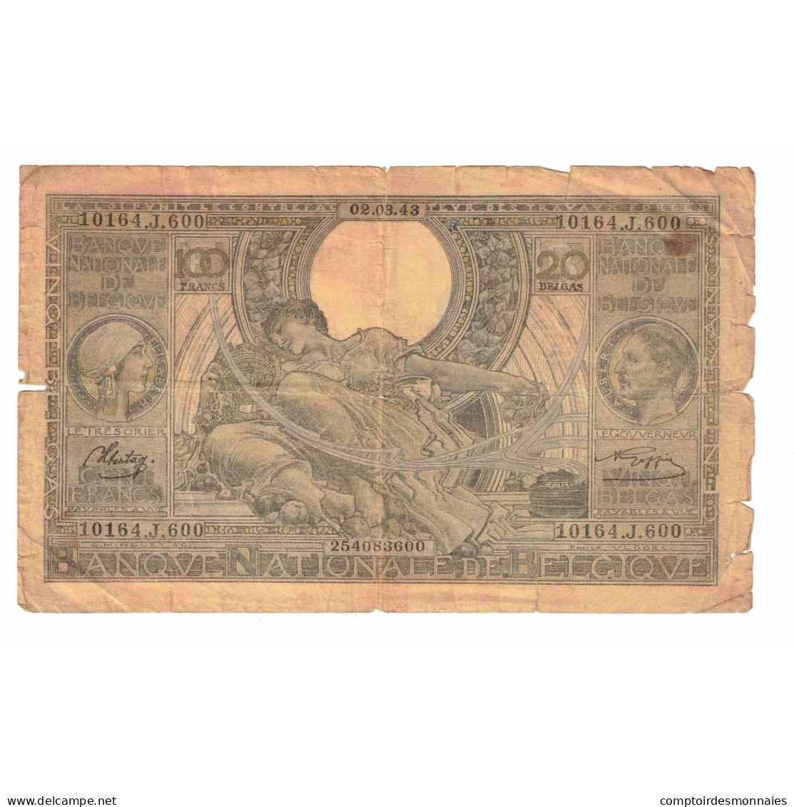 Billet, Belgique, 100 Francs-20 Belgas, 1943, 1943-03-02, KM:107, AB - 100 Frank & 100 Frank-20 Belgas