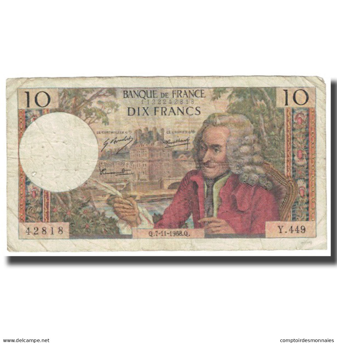 France, 10 Francs, Voltaire, 1968, 1968-11-07, TB, Fayette:62.35, KM:147c - 10 F 1963-1973 ''Voltaire''