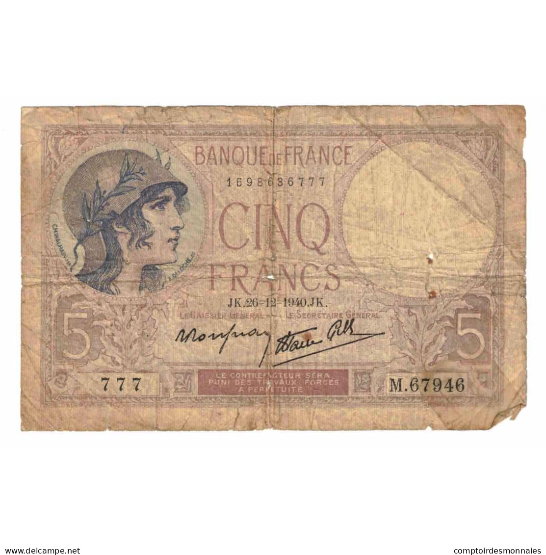 France, 5 Francs, Violet, 1940, M.67946, AB, Fayette:04.18, KM:83 - 5 F 1917-1940 ''Violet''