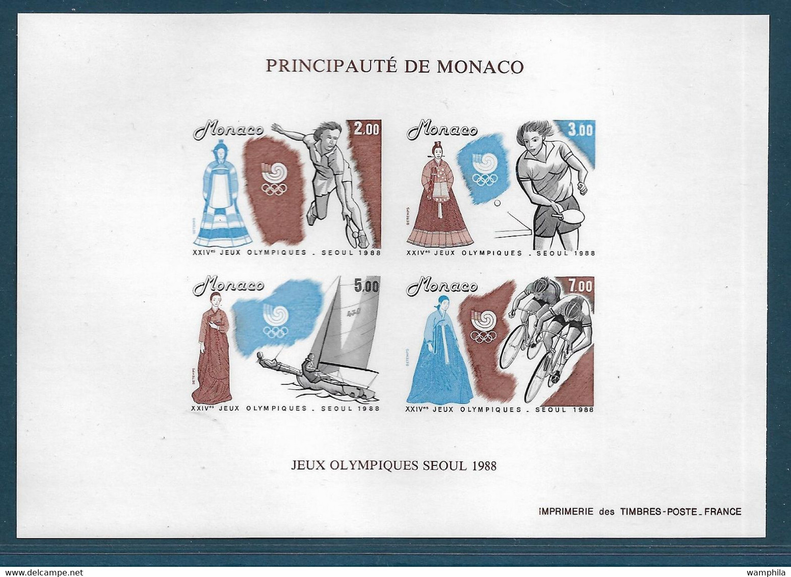 Monaco, Bloc Non Dentelé N°42a** J.O De Séoul. Tennis, Voile, Cyclisme. Cote 350€. - Errors And Oddities