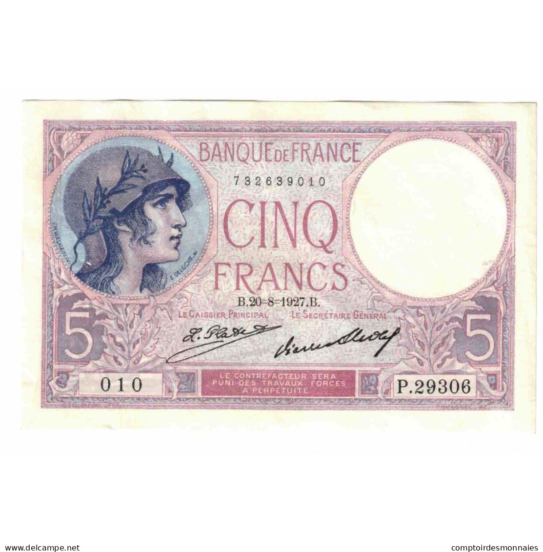 France, 5 Francs, Violet, 1927, P.29306, SUP+, Fayette:3.11, KM:72d - 5 F 1917-1940 ''Violet''