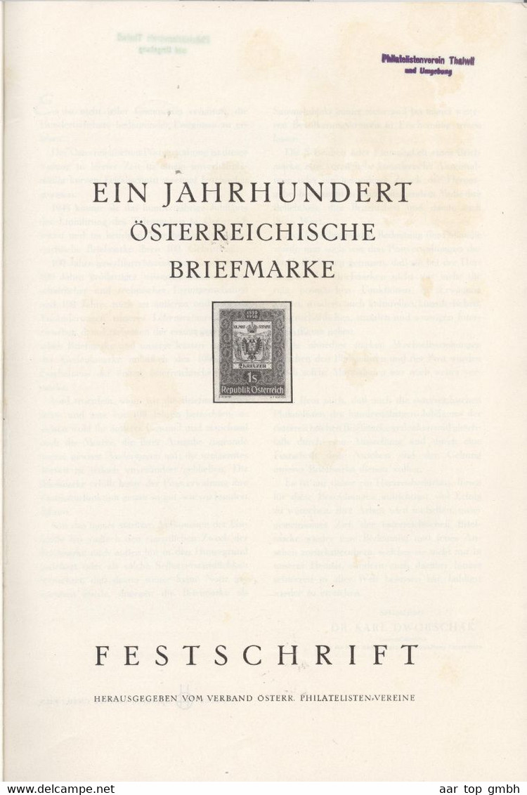 AT, "Ein Jahrhundert Östereichische Briefmarke" Festschrift 1950 47S. 198Gr. Gebu - Andere & Zonder Classificatie