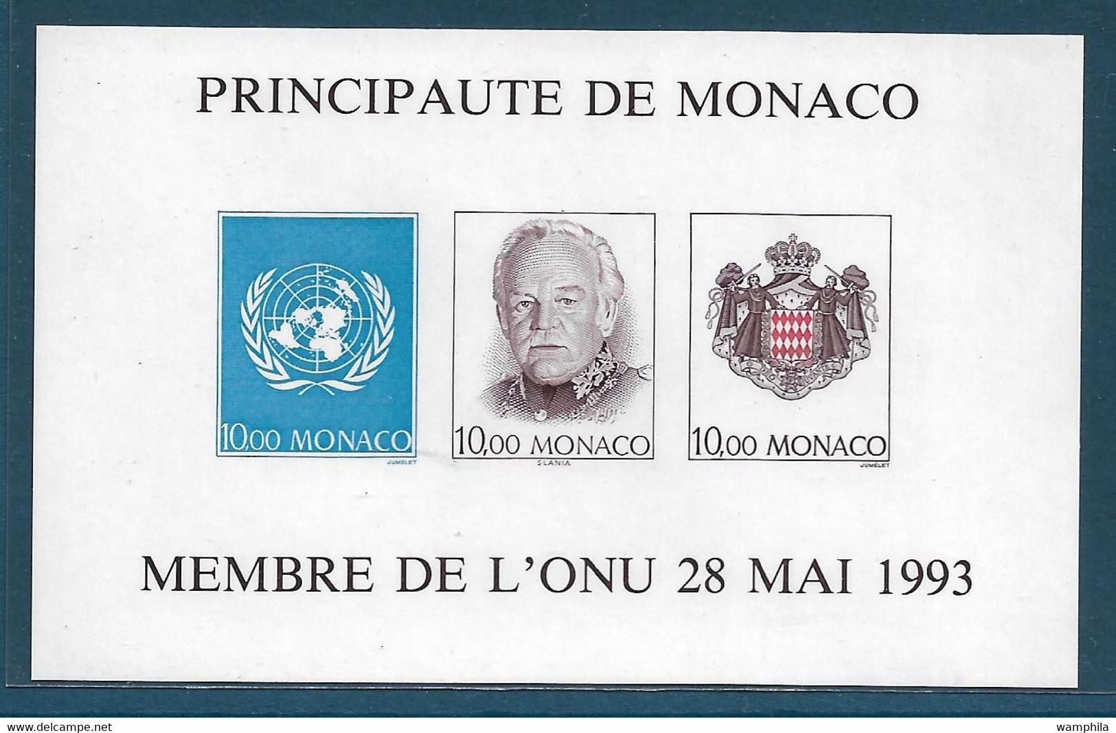 Monaco. Bloc Feuillet N°62a** Non Dentelé (Rainier III, O.N.U ) Cote 220€ - Emissions Communes New York/Genève/Vienne