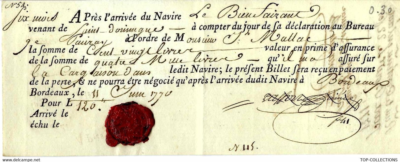 1770 RARE MARINE NAVIGATION ASSURANCE  Reçu Prime Assurance Maritime  Navire Le Bienfaisant De St Domingue à Bordeaux - ... - 1799