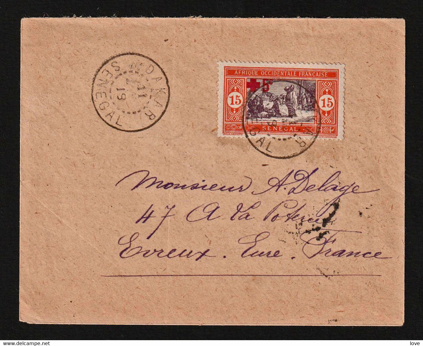 SENEGAL (Croix Rouge) Timbre N°71 Obl.Dakar En 1919 Pour La France. Cachet D'arrivée Au Verso Evreux (Eure) - Cartas & Documentos