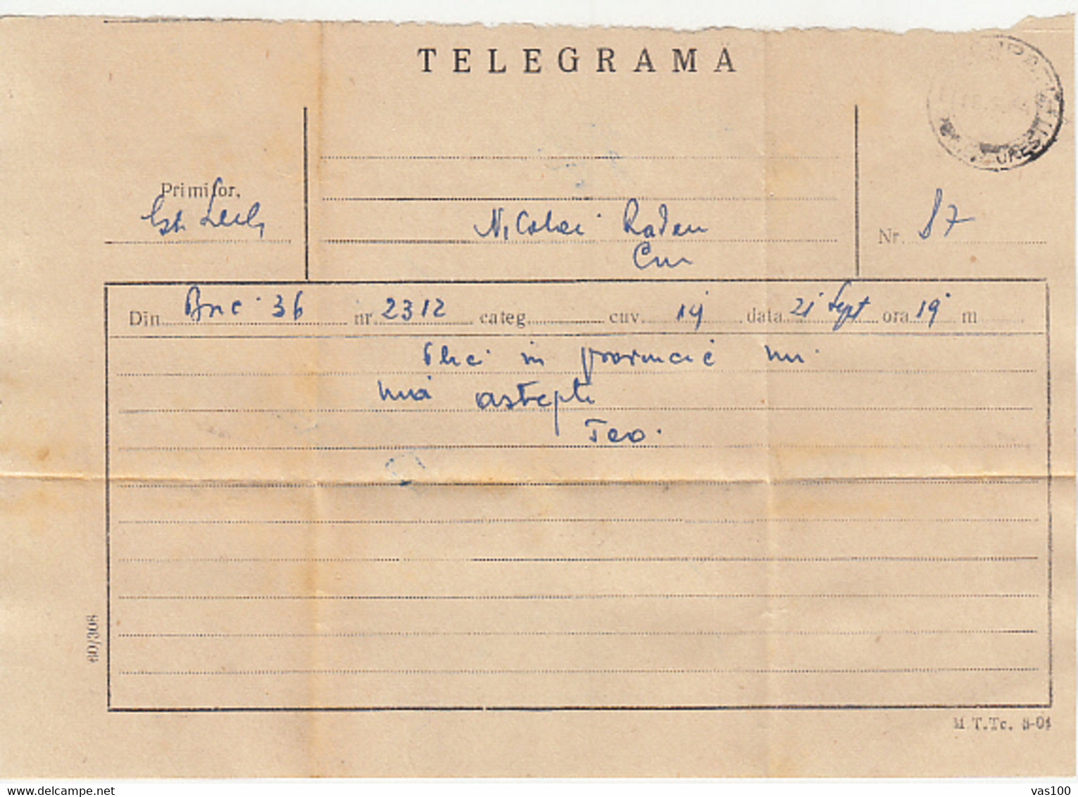 TELEGRAPH, TELEGRAMME SENT FROM BUCHAREST TO CLUJ, 1964, ROMANIA - Telégrafos