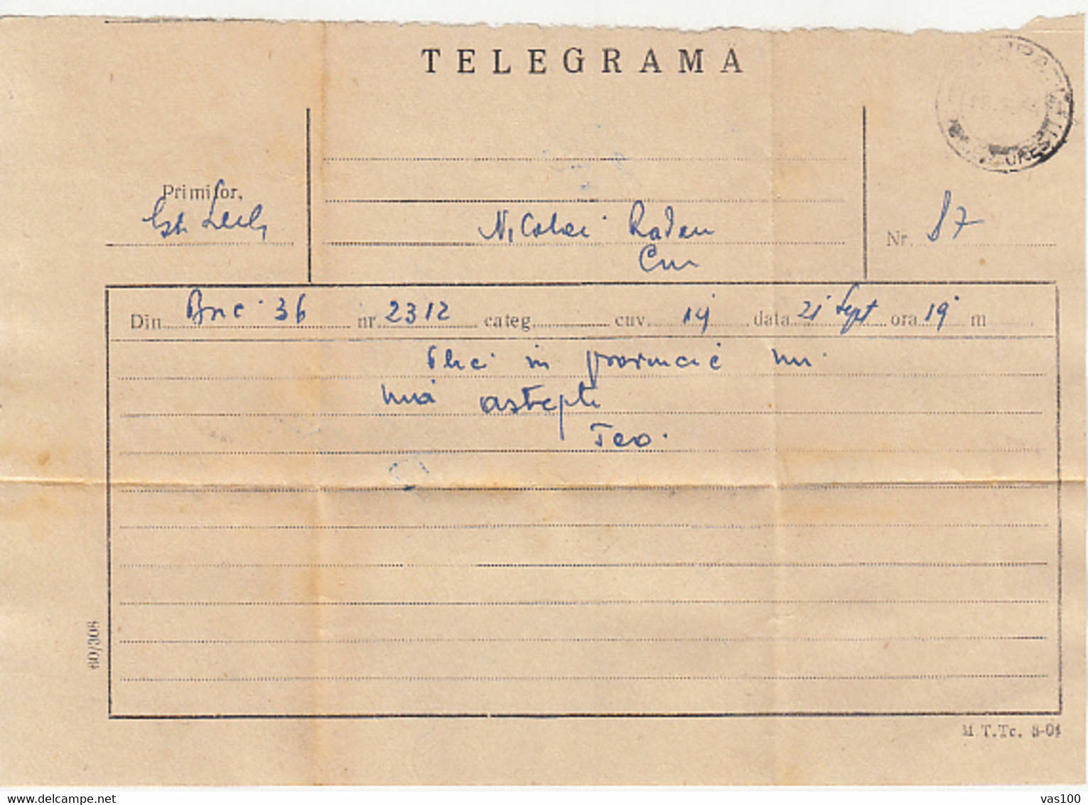 TELEGRAPH, TELEGRAMME SENT FROM BUCHAREST TO CLUJ, 1964, ROMANIA - Telegrafi