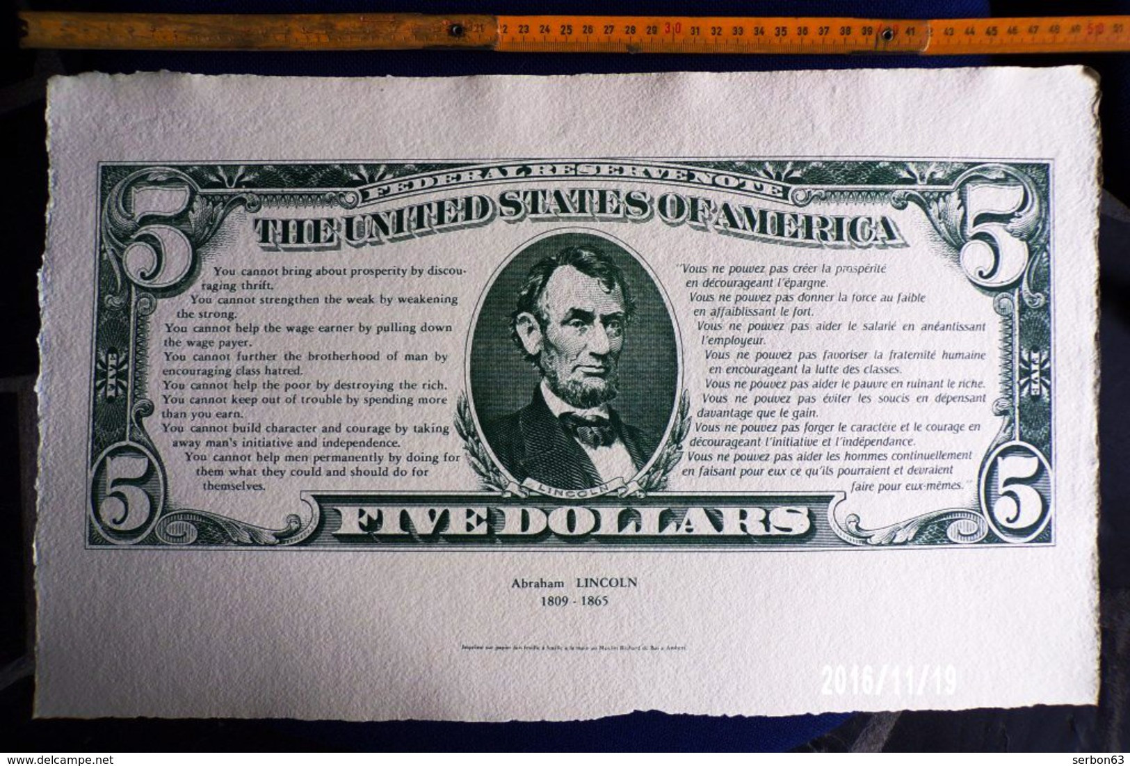 1 SPÉCIMEN VRAIE FAUSSE MONNAIE ABRAHAM LINCOLN ETATS UNIS AMERIQUE FIVE DOLLARS PAPIER RICHARD DE BAS FICTIF DOCUMENT - Specimen