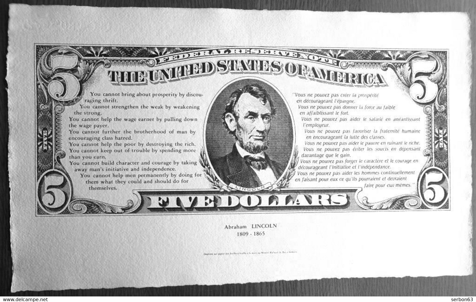 1 SPÉCIMEN VRAIE FAUSSE MONNAIE ABRAHAM LINCOLN ETATS UNIS AMERIQUE FIVE DOLLARS PAPIER RICHARD DE BAS FICTIF DOCUMENT - Specimen