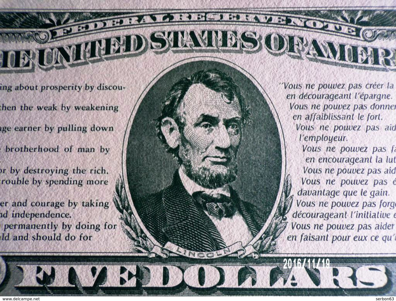 1 SPÉCIMEN VRAIE FAUSSE MONNAIE ABRAHAM LINCOLN ETATS UNIS AMERIQUE FIVE DOLLARS PAPIER RICHARD DE BAS FICTIF DOCUMENT - Fictifs & Spécimens