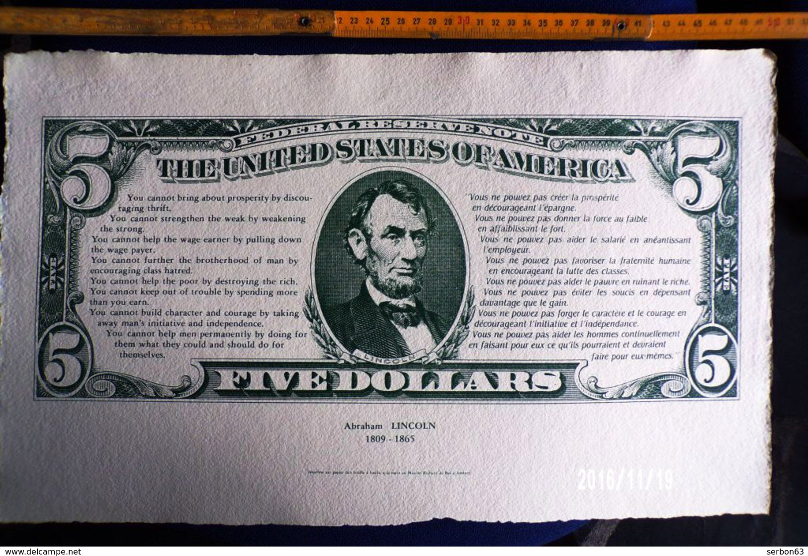 1 SPÉCIMEN VRAIE FAUSSE MONNAIE ABRAHAM LINCOLN ETATS UNIS AMERIQUE FIVE DOLLARS PAPIER RICHARD DE BAS FICTIF DOCUMENT - Specimen