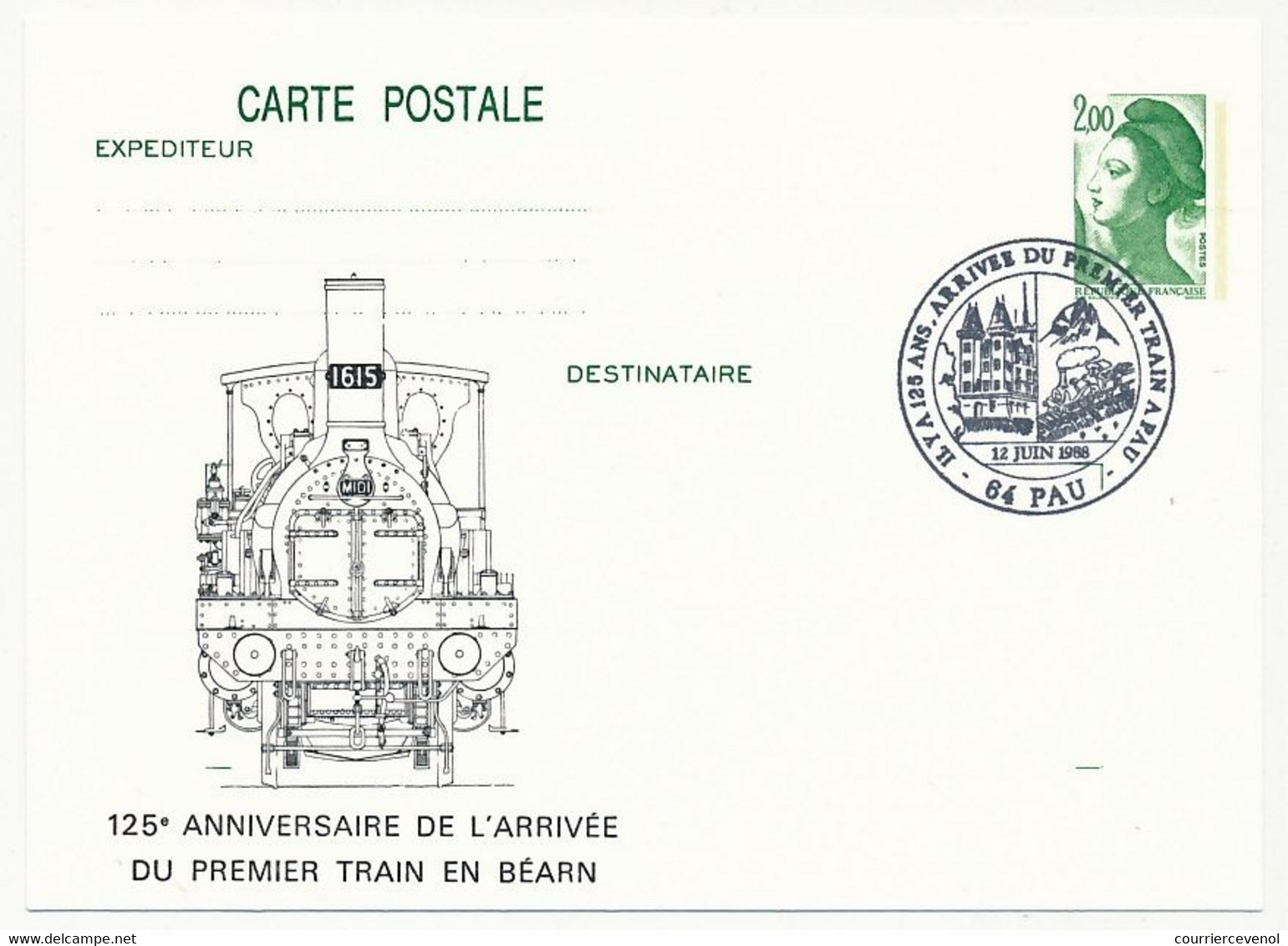 Entier CP 2,00 Liberté - 125eme Anniversaire Arrivée Du 1er Train En Béarn - 64 PAU - 12 Juin 1988 - Postales  Transplantadas (antes 1995)