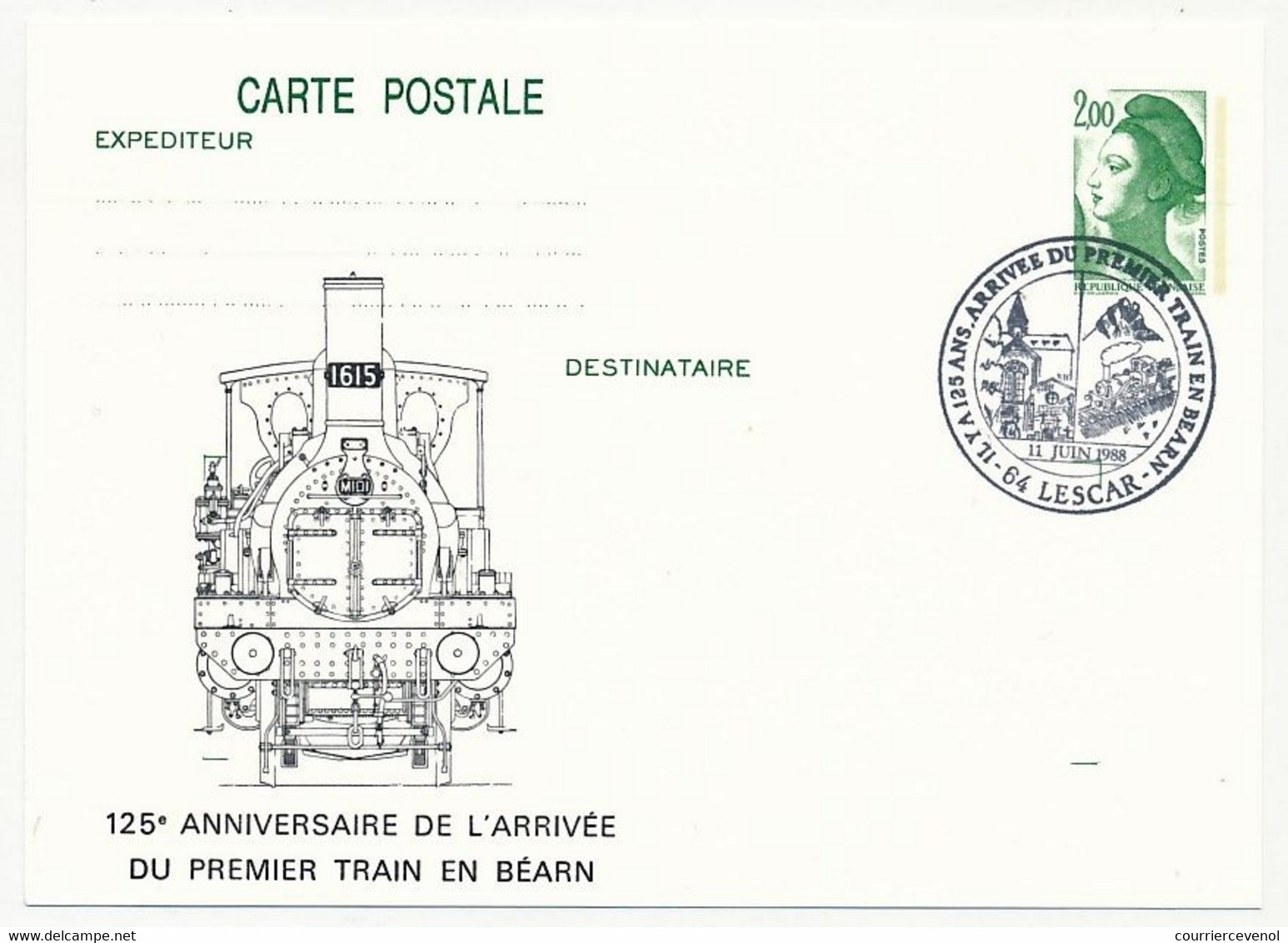 Entier CP 2,00 Liberté - 125eme Anniversaire Arrivée Du 1er Train En Béarn - 64 LESCAR - 12 Juin 1988 - Postales  Transplantadas (antes 1995)