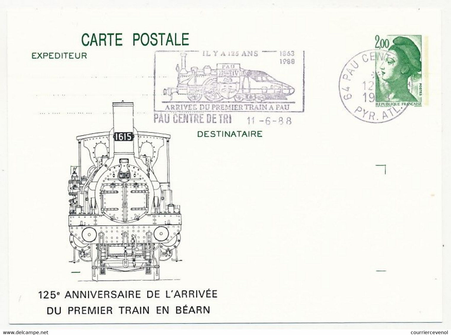 Entier CP 2,00 Liberté - 125eme Anniversaire Arrivée Du 1er Train En Béarn - OMEC 64 PAU Centre De Tri - 12 Juin 1988 - AK Mit Aufdruck (vor 1995)