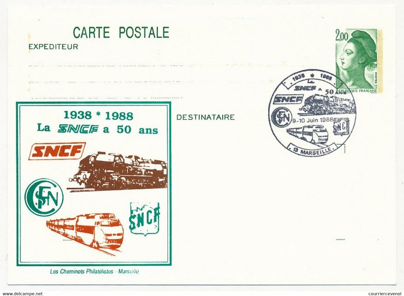 Entier CP 2,00 Liberté - La SNCF A 50 Ans 1938-1988 - 13 MARSEILLE - 9/10 Juin 1988 - Overprinter Postcards (before 1995)