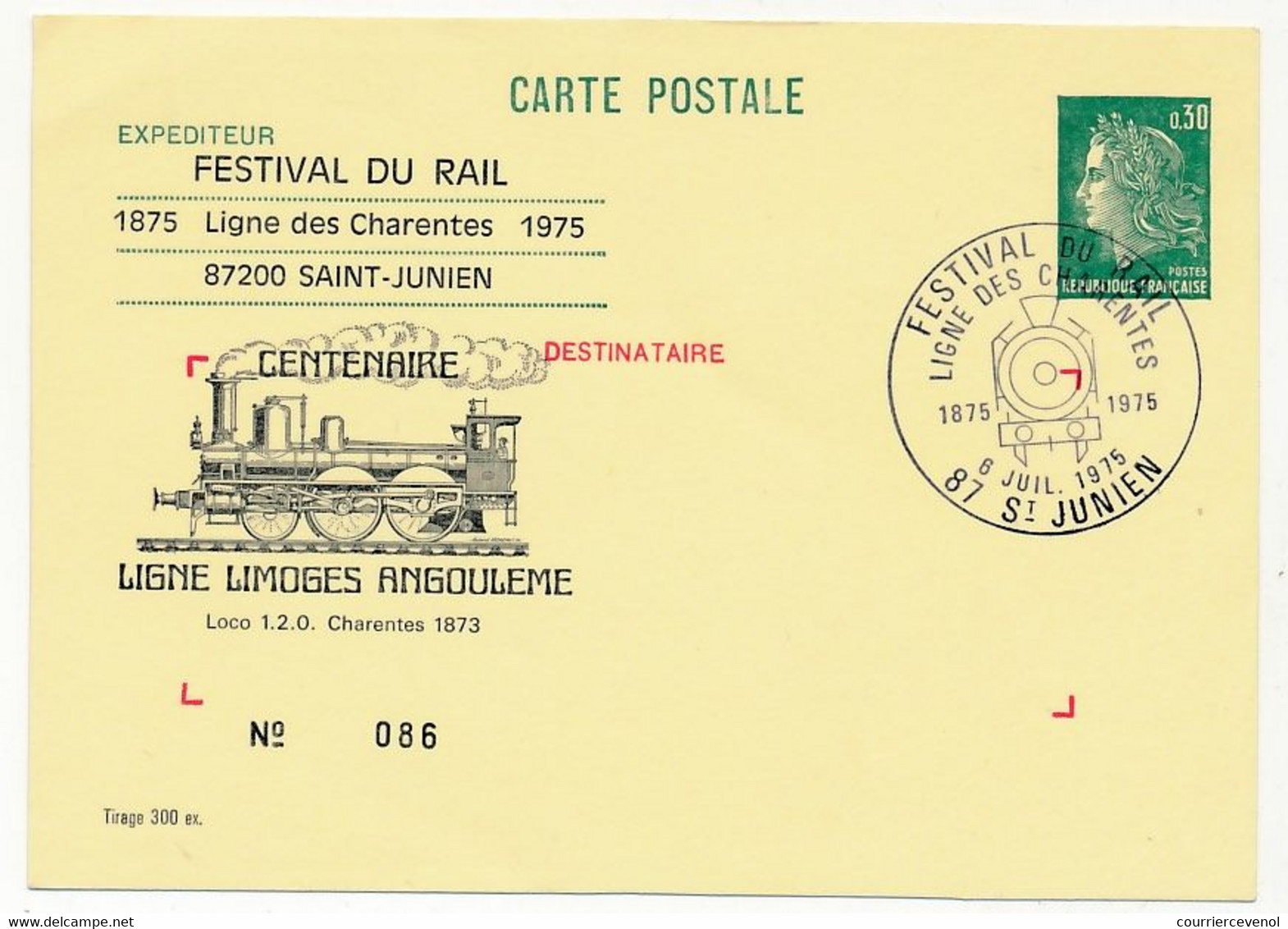 Entier CP 0,30 Cheffer - Centenaire Ligne Limoges Angoulème - Festival Du Rail - 87 ST JUNIEN - 6 Juillet 1975 - Postales  Transplantadas (antes 1995)